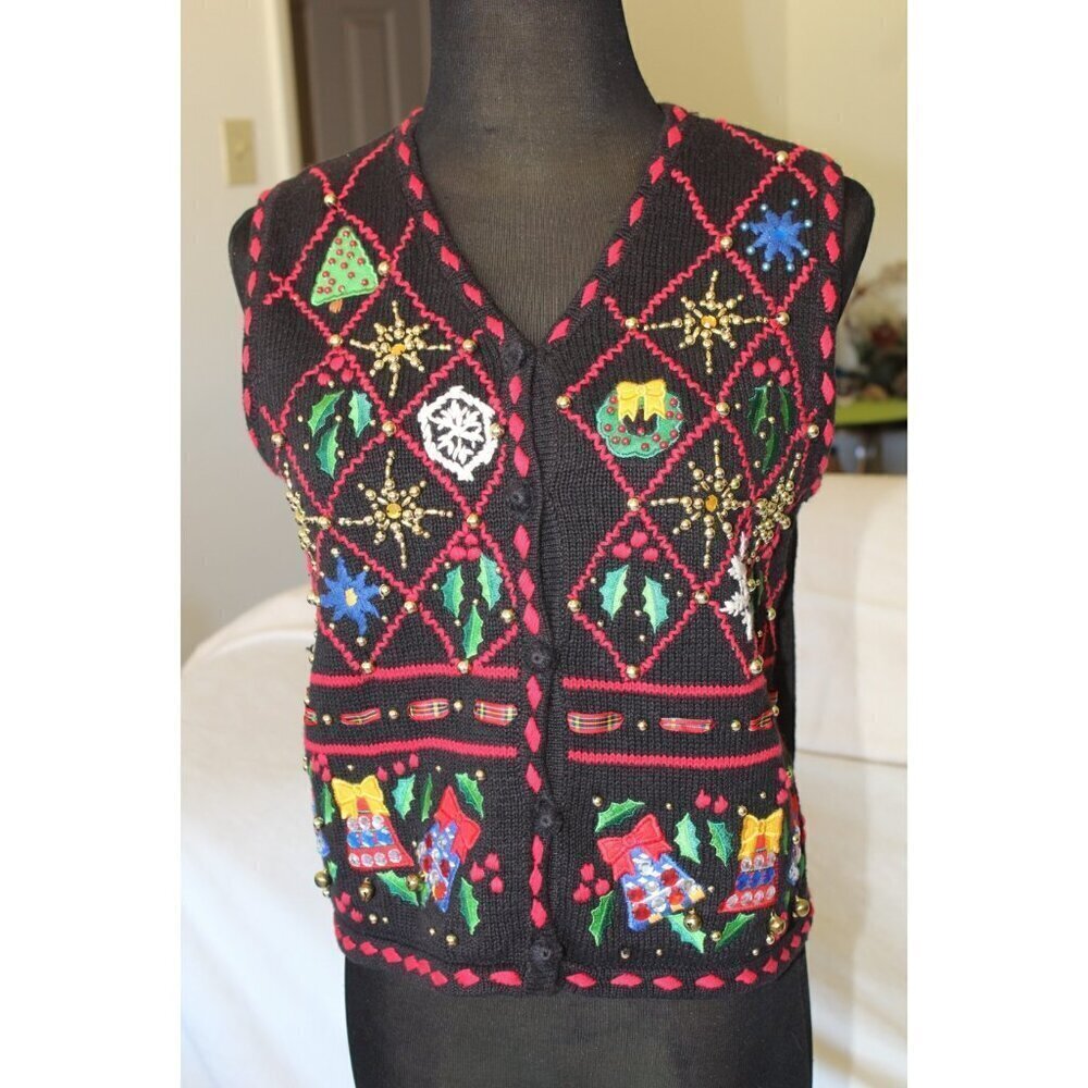 VTG Hampshire Studio Christmas Ugly Sweater Size PS Embroidered Vest Bells Chunk